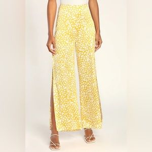 Lulu’s Wildly Chic Yellow Animal Print Satin Wide-Leg Side Slit Pants
